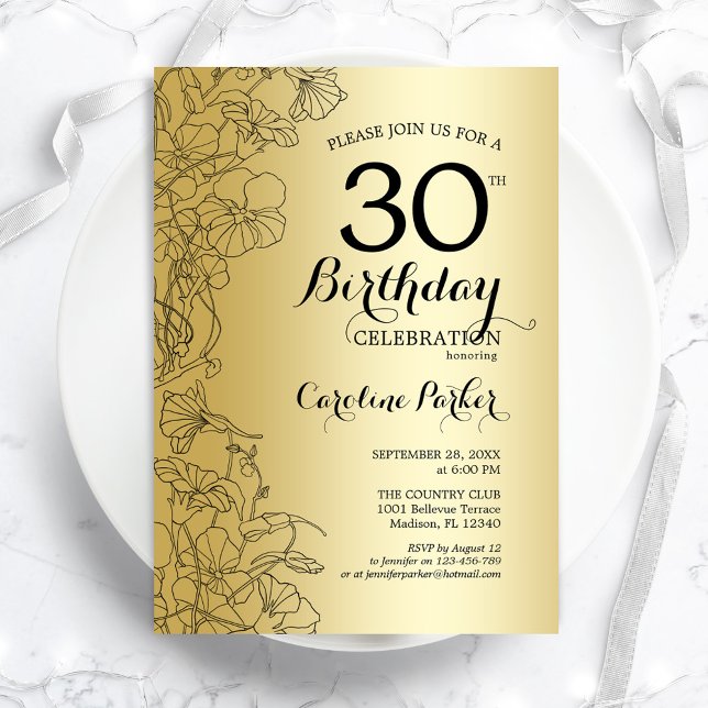 Invitación Gold Floral 30.ª Fiesta de cumpleaños (Subido por el creador)