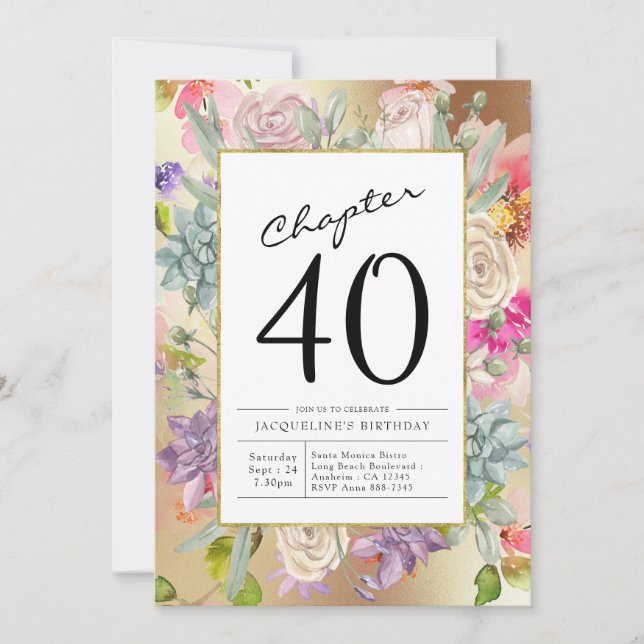 Invitación Gold Floral 40 cumpleaños (Anverso)