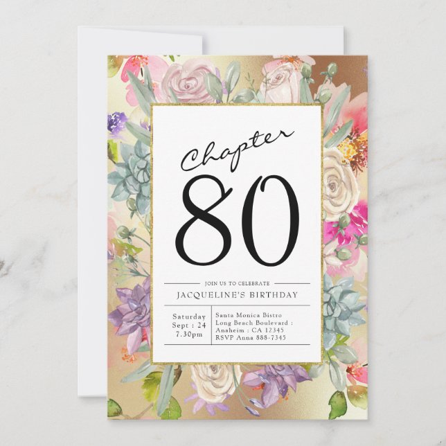 Invitación Gold Floral 80 cumpleaños (Anverso)