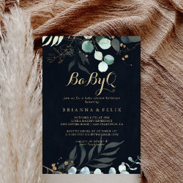 Invitación Gold Floral BabyQ Baby Shower Blue Barbecue
