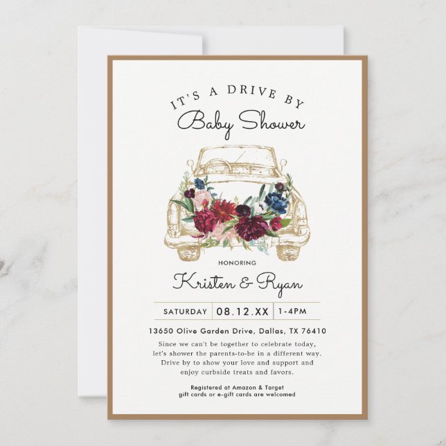 Invitación Gold Floral Drive a través de Baby Shower (Anverso)