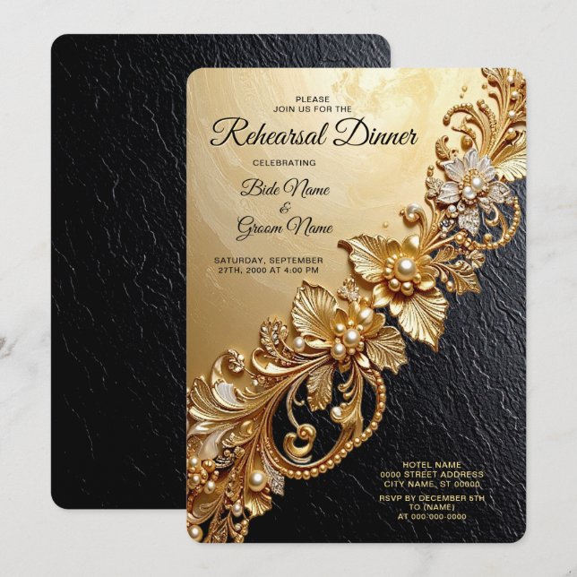 Invitación Gold Floral Embellishments Rehearsal Dinner (Anverso / Reverso)