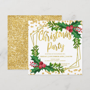 Invitación Gold Floral Holly Purpurinas Navidades Corporativo