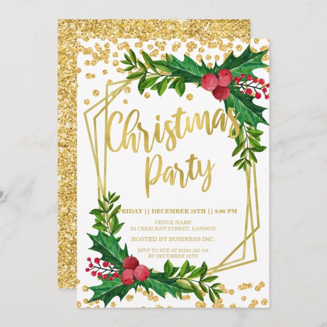 Invitación Gold Floral Holly Purpurinas Navidades Corporativo (Anverso / Reverso)