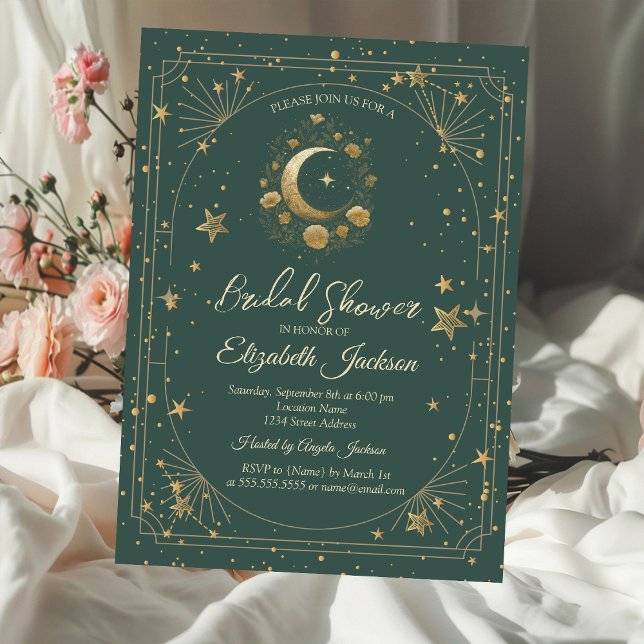 Invitación Gold Floral Moon Stars Frame Green Bridal Shower (Subido por el creador)
