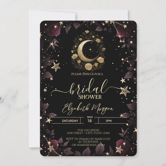 Invitación Gold Floral Moon,Stars Roses Bridal Shower (Anverso)