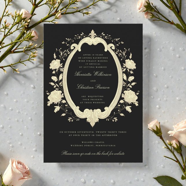 Invitación Gold Floral Oval Frame Black Elegant Wedding (Subido por el creador)