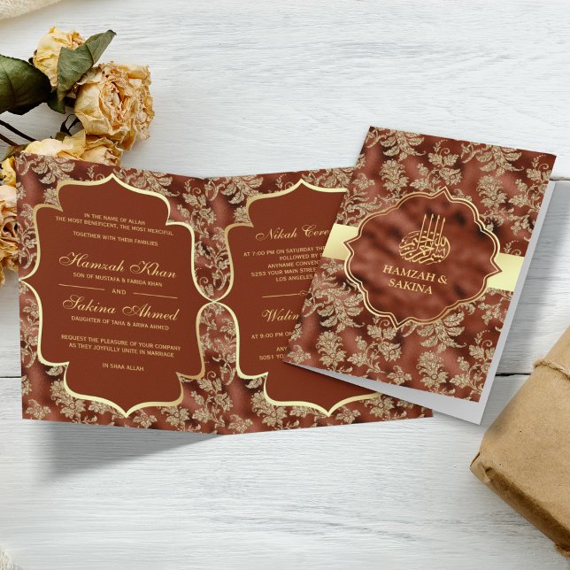 Invitación Gold Floral Rust Orange Islamic Muslim Wedding (Subido por el creador)