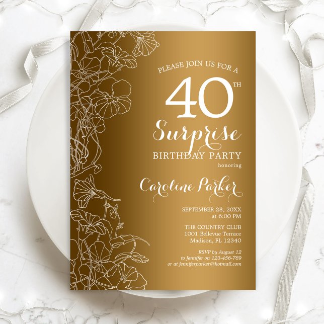 Invitación Gold Floral Surprise 40th Birthday Party (Subido por el creador)