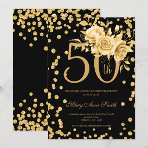 Invitación Gold Floral y Confetti 50 cumpleaños fiesta negro