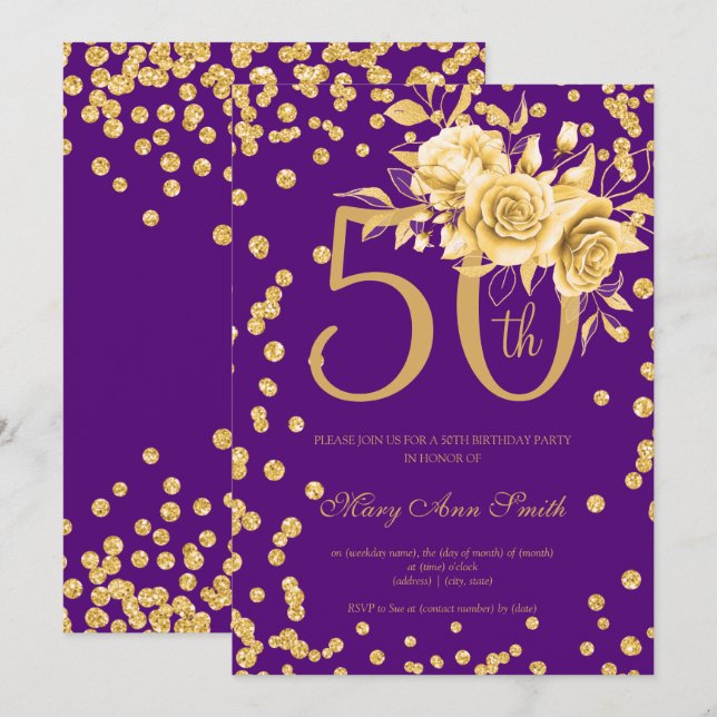 Invitación Gold Floral y Confetti 50 cumpleaños morado (Anverso / Reverso)