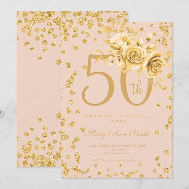 Invitación Gold Floral y Confetti 50 cumpleaños Rubor  (Anverso / Reverso)