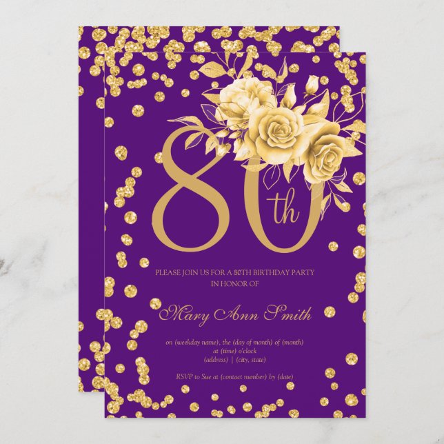 Invitación Gold Floral y Confetti 80th Birthday Party Purple  (Anverso / Reverso)