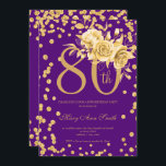 Invitación Gold Floral y Confetti 80th Birthday Party Purple<br><div class="desc">Elegante plantilla de invitación 80th Birthday Party Gold Floral & Purpurina Confetti. Con un arreglo floral moderno.</div>