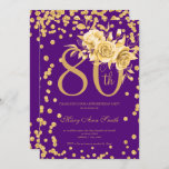 Invitación Gold Floral y Confetti 80th Birthday Party Purple<br><div class="desc">Elegante plantilla de invitación 80th Birthday Party Gold Floral & Purpurina Confetti. Con un arreglo floral moderno.</div>