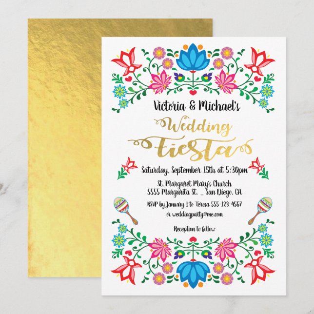 Invitación Gold Foil Floral Mexican Wedding Fiesta (Anverso / Reverso)
