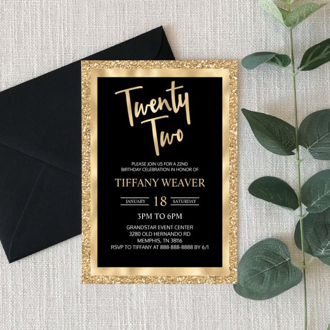 Invitación Gold Foil Glitter Twenty Two 22nd Birthday (Subido por el creador)