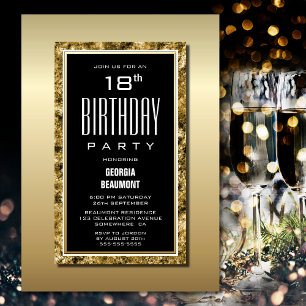 Invitación Gold Frame Black 18th Birthday Party