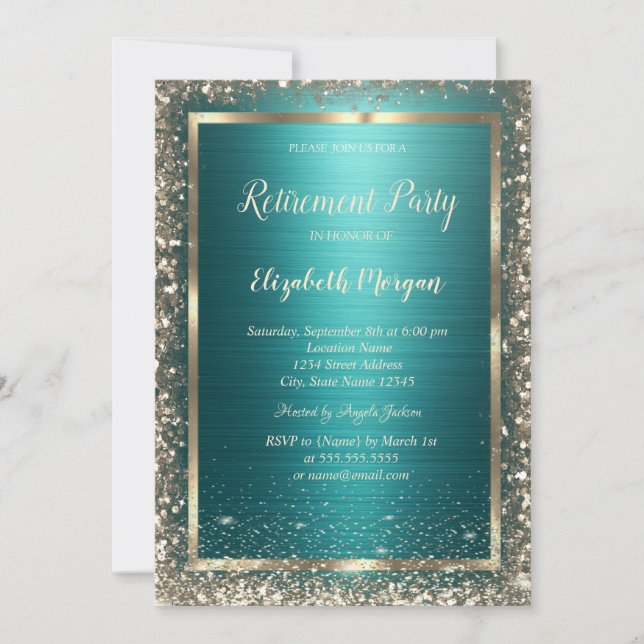Invitación Gold Frame Border Green Metallic Retirement (Anverso)