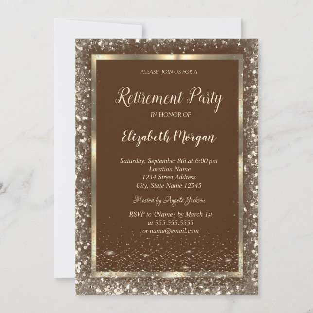 Invitación Gold Frame Confetti Border Brown Retirement (Anverso)
