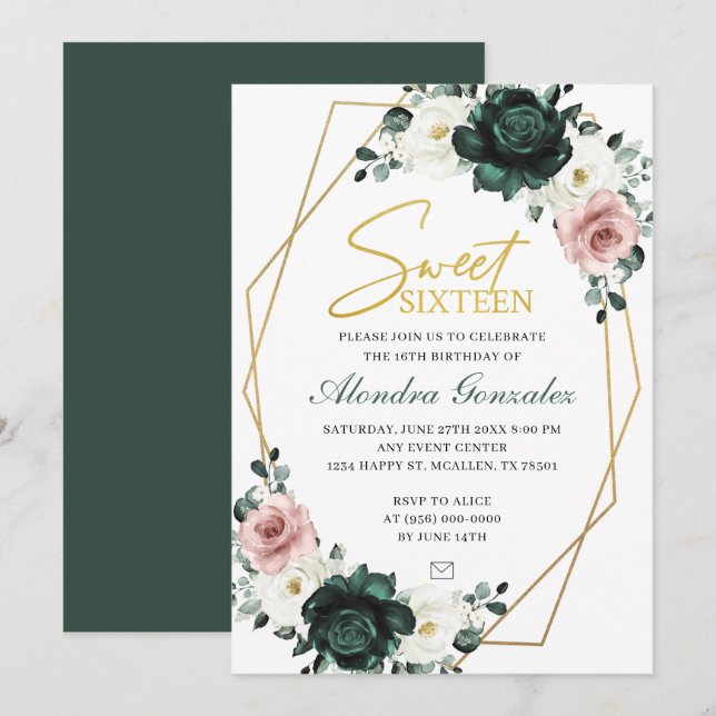 Invitación Gold frame emerald green floral Sweet 16 invite (Anverso / Reverso)