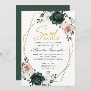 Invitación Gold frame emerald green floral Sweet 16 invite