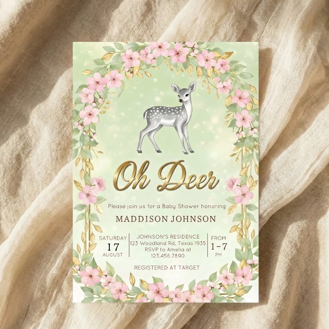 Invitación gold frame flower deer baby shower (Subido por el creador)