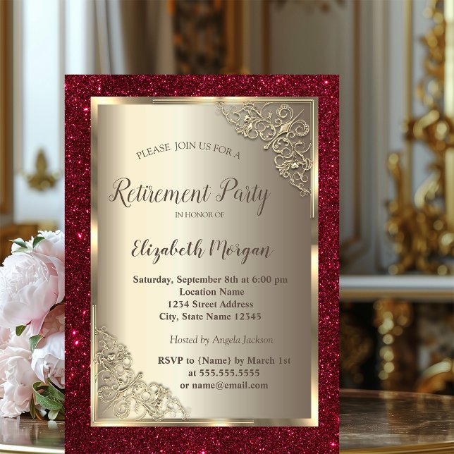 Invitación  Gold Frame,Gold,Red Glitter Retirement  (Subido por el creador)