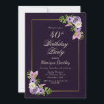 Invitación Gold Frame Morple Floral 40th Birthday Fiesta<br><div class="desc">Invitación a una fiesta de cumpleaños 40 con flores moradas,  lavanda y rosa con plumas rosadas y moradas y delicadas hojas de helecho verde.</div>