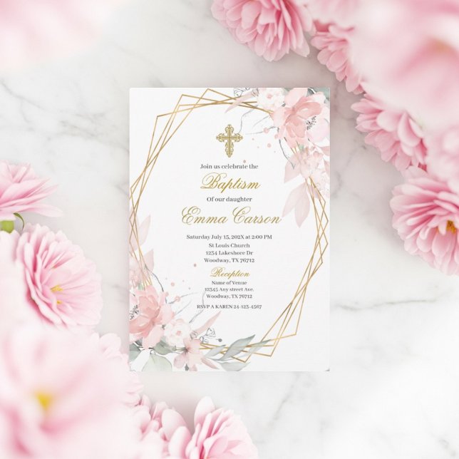 Invitación Gold frame pink blush floral baptism (Subido por el creador)