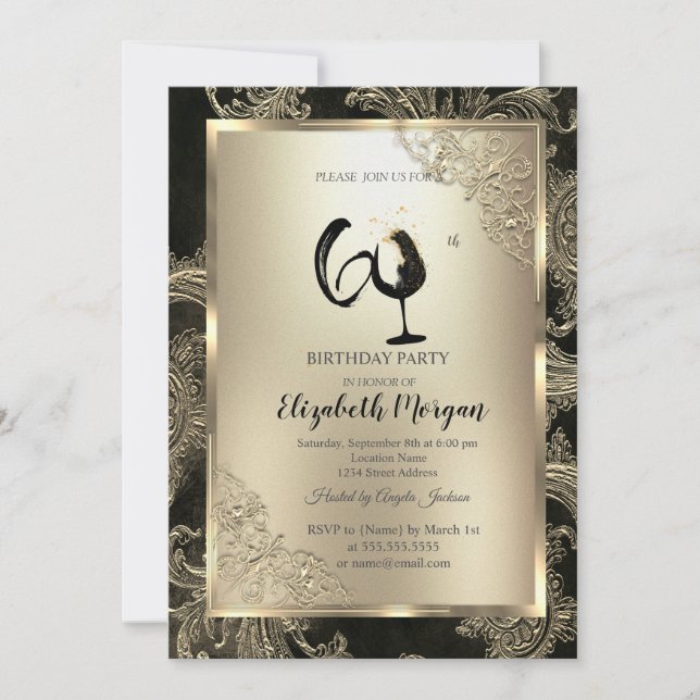 Invitación Gold Frame Wine Glass Floral Damask 60th Birthday  (Anverso)