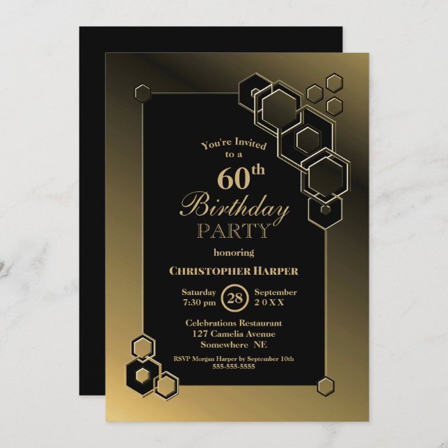 Invitación Gold Geometric Border 60 cumpleaños (Anverso / Reverso)