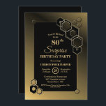 Invitación Gold Geometric Border Surprise 80th Birthday Party<br><div class="desc">Una moderna geométrica en negro y oro enmarcó la sorpresiva invitación a la fiesta de cumpleaños número 80.</div>
