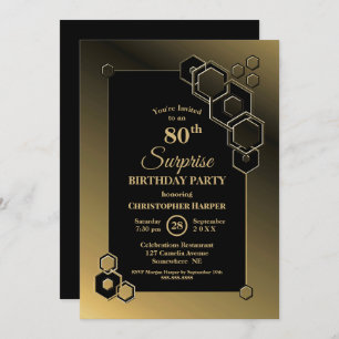 Invitación Gold Geometric Border Surprise 80th Birthday Party