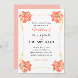 Invitación Gold Geometric Rustic Pastel Rose Floral Wedding 