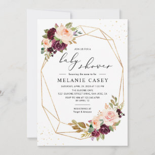 Invitación Gold Geométrico Burgundy Rubor Floral Baby Shower