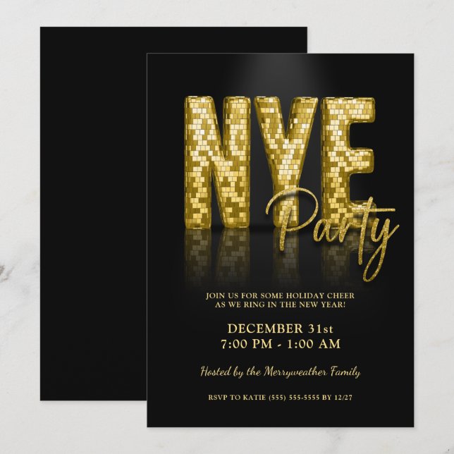 Invitación Gold Glam Año Nuevo Eve Fiesta Disco (Anverso / Reverso)