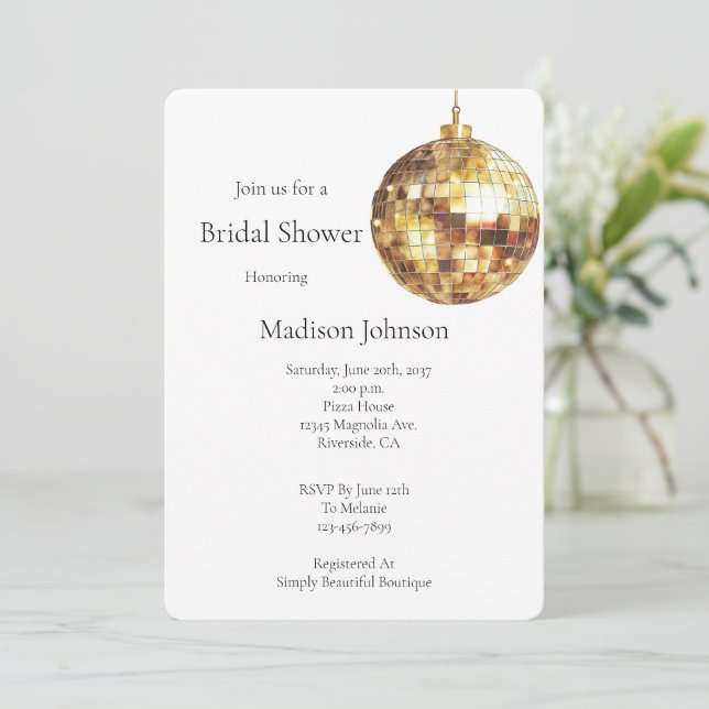 Invitación Gold Glam Disco Ball Bridal Shower (Anverso de pie)