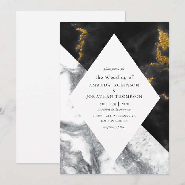 Invitación Gold Glam Faux Purpurina Marble Boda (Anverso / Reverso)