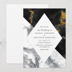 Invitación Gold Glam Faux Purpurina Marble Boda