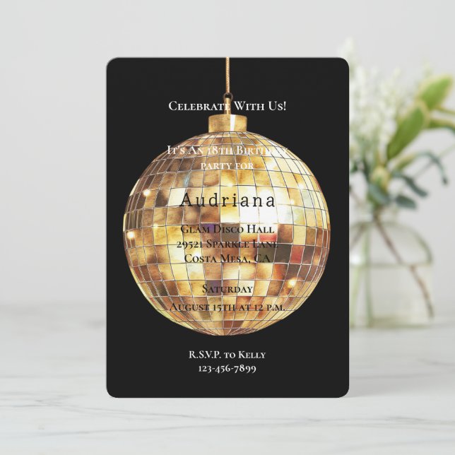 Invitación Gold Glam Glitzy Disco Ball Cumpleaños (Anverso de pie)