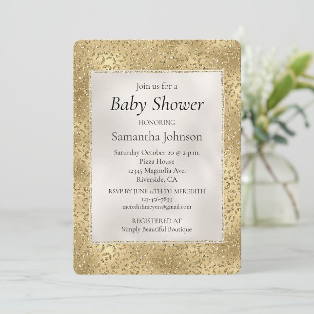 Invitación Gold Glam Glitzy Purpurina Leopard Baby Shower (Anverso de pie)