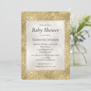 Invitación Gold Glam Glitzy Purpurina Leopard Baby Shower
