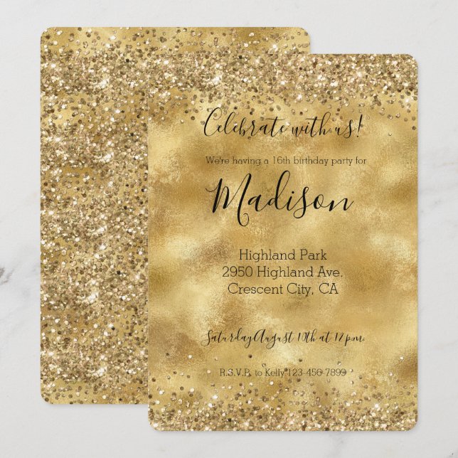 Invitación Gold Glam Purpurina Sparkle Confetti (Anverso / Reverso)