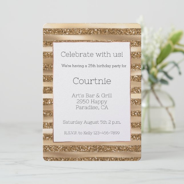 Invitación Gold Glam Purpurina Stripes Cumpleaños (Anverso de pie)