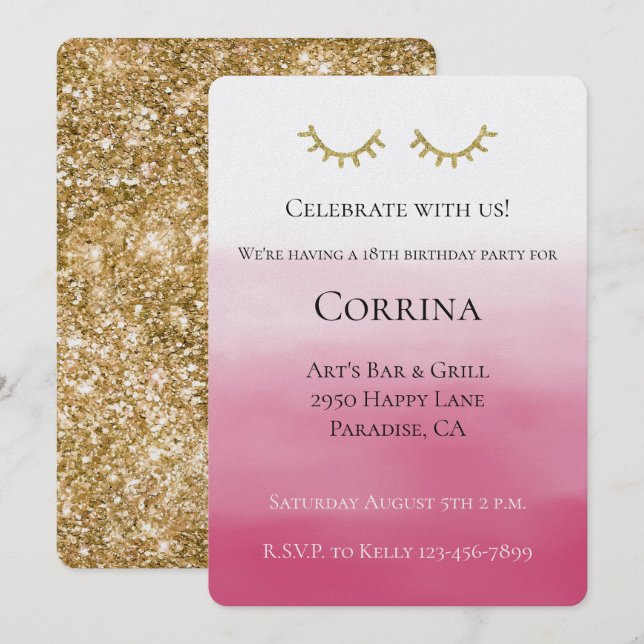 Invitación Gold Glam Purpurina Stripes Cumpleaños (Anverso / Reverso)