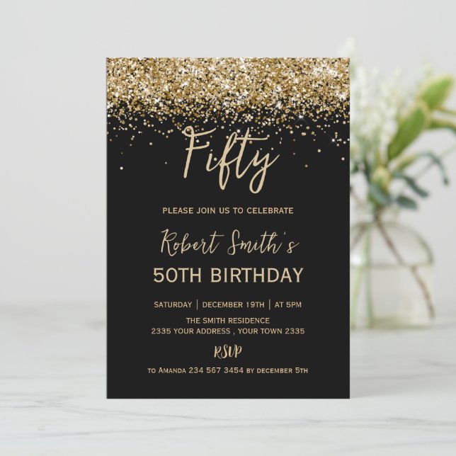 Invitación Gold Glitter 50th Surprise Birthday Party Black (Anverso de pie)