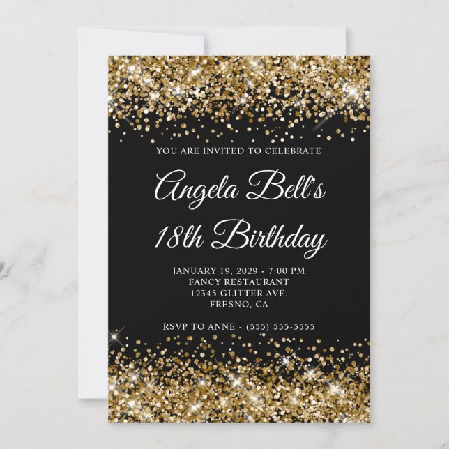 Invitación Gold Glitter Black Fancy Monogram 18th Birthday (Anverso)