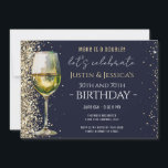 Invitación Gold Glitter Blue Double Wine Birthday Party<br><div class="desc">Elegant Faux gold border with shimmering confetti highlights on the top border. All text is adjustable and easy to change for your own party needs. Great elegant 65th birthday template design. faux glitter</div>
