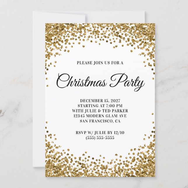 Invitación Gold Glitter Border White Christmas Party (Anverso)